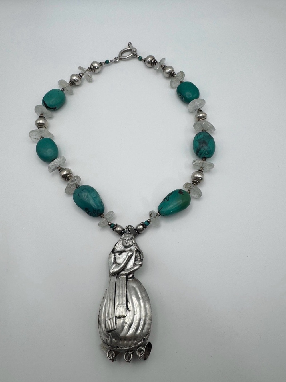 Vintage Silver Village Woman Box Pendant Necklace Hidden Door Cups Pans Charms